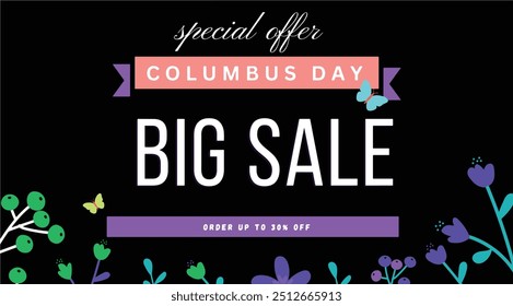 Columbus Day Sale - Big Discounts and Special Offers. Columbus Day Sale is here! This vibrant banner with decorative leaves and butterflies is perfect for promoting your Columbus Day Sale.