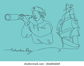 Columbus Day sale promotion, advertising, poster, banner, template with American flag. Columbus day line art. Line drawing set