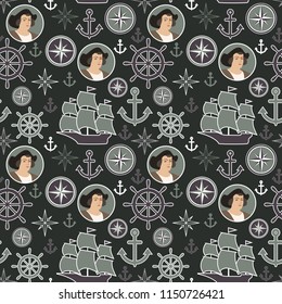 Columbus day. Seamless pattern with Columbus, anchor, ship, compass and steering wheel.