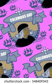 Columbus Day seamless pattern, oval, sea, sky, ship, cross, holiday, Christopher Columbus, explorer, discoverer of the Spaniard, the hero of America