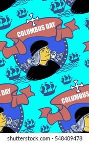 Columbus Day seamless pattern, oval, sea, sky, ship, cross, holiday, Christopher Columbus, explorer, discoverer of the Spaniard, the hero of America