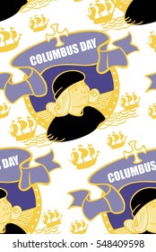 Columbus Day seamless pattern, oval, sea, sky, ship, cross, holiday, Christopher Columbus, explorer, discoverer of the Spaniard, the hero of America