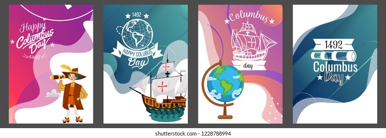 Columbus Day set with ship map helm compass symbols greeting card lettering text logo design