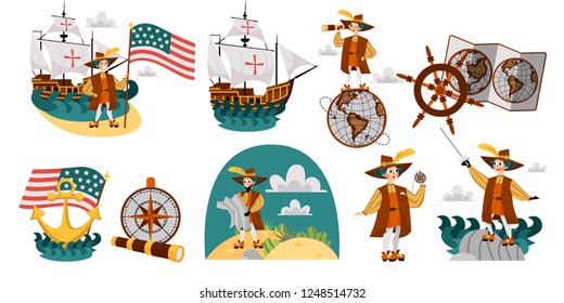 Columbus Day set with ship map helm compass symbols