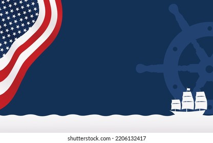 columbus day with ship steering, sailing ship, american flag sky and copy space area