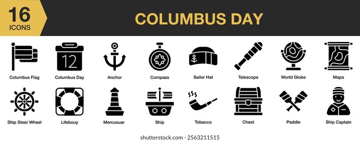 Columbus Day solid icon set. Includes celebration, holiday, national, freedom, columbus, and More. Solid icons vector collection.