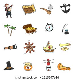 Columbus day supply icon set in doodle style vector illustration. Ready to use for website and printing.