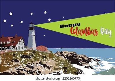 Columbus Day vector depicting a lighthouse with a background of stars and blue colors like the US flag.