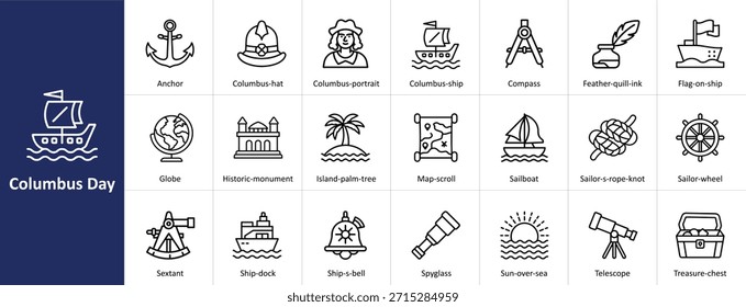 Ícones vetoriais do Dia de Colombo definidos com exploração, descoberta e temas náuticos