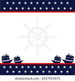 columbus day white blank background square size with american flag theme colour and element of caravel ship and ship wheels