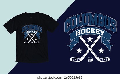 Columbus hockey emblem with crossed hockey sticks and puck, Columbus day t shirt