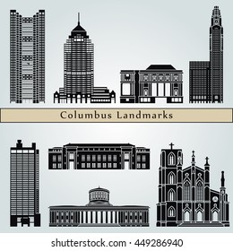 Columbus landmarks and monuments isolated on blue background in editable vector file