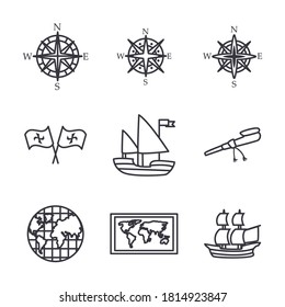 Diseño de conjunto de iconos de estilo de línea de columna de estados unidos y tema de descubrimiento Ilustración vectorial