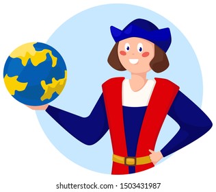Columbus. Man with a globe in his hand. Columbus with a globe. Vector stock illustration.