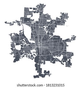 Columbus map. Detailed vector map of Columbus city administrative area. Cityscape poster metropolitan aria view. Dark land with white streets, roads and avenues. White background.