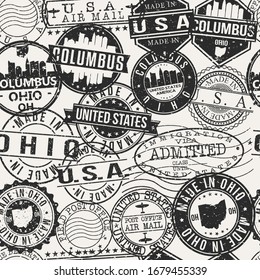 Columbus, OH, USA Stamps Background. A City Stamp Vector Art. Set of Postal Passport Travel. Design Set Pattern.