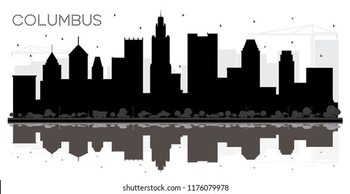 Columbus Ohio City skyline black and white silhouette with Reflections. Simple flat concept for tourism presentation, banner, placard or web site. Columbus Cityscape with landmarks.