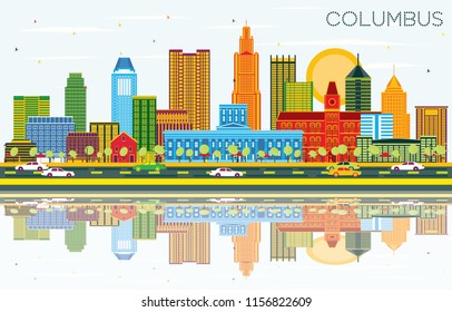 Columbus Ohio City Skyline with Color Buildings, Blue Sky and Reflections. Vector Illustration. Business Travel and Tourism Concept with Modern Architecture. Columbus Cityscape with Landmarks.