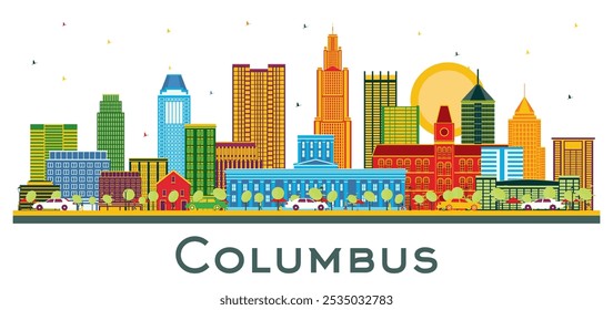 Columbus Ohio City Skyline con edificios de color aislados en blanco. Ilustración vectorial. Concepto de viajes de negocios y turismo con arquitectura moderna. Paisaje urbano de Colón con Lugares famosos.