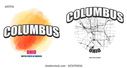 Columbus, Ohio, logo design. Two in one vector arts. Big logo with vintage letters with nice colored background and one-color-version with map for every possible print production.