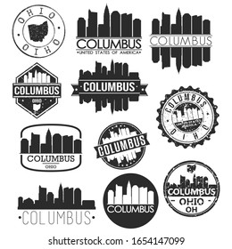 Columbus Ohio USA. Skyline Vector Art Stamps. Silhouette Emblematic Buildings.