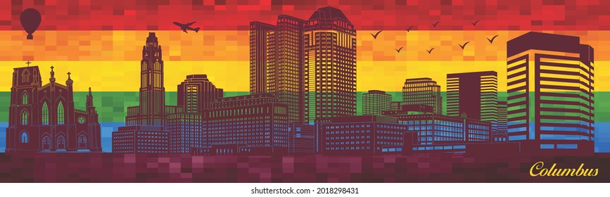 Colón sobre el fondo de la bandera LGBT - ilustración, 
Ciudad en el fondo del arcoiris, 
Silhouette de perfil urbano vectorial