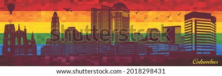 Columbus on LGBT flag background - illustration, 
Town in Rainbow background, 
Vector city skyline silhouette