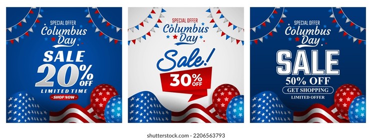 Columbus sale discount, Happy Columbus Day Greeting Card 2022 with Waving USA flag vector background illustration for banner, poster, social media feed