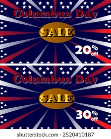 Columbus sale discount, two sets, Happy Columbus Day Greeting Cards with background illustration for banner, poster, social media feed