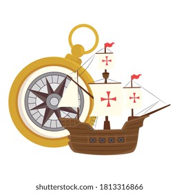 Columbus ship with gold compass design of america and discovery theme Vector illustration