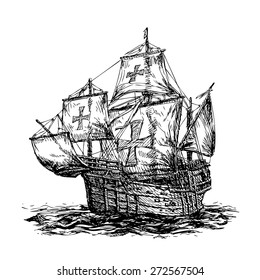 columbus ship hand drawn on white background