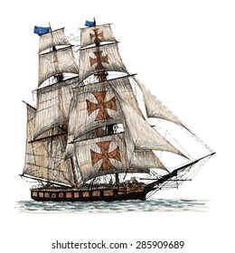 Columbus Ship Hand Drawn On White Background