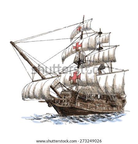 columbus ship hand drawn on white background