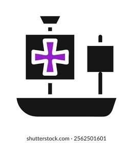 Columbus ship icon with cross on sail. Concept of discovery, exploration, and history.