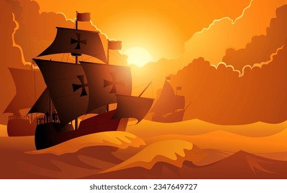Columbus ship, La Santa Maria, sailing gracefully across the vast ocean. It symbolizes historical exploration and the spirit of curiosity, representation of the brave journey to discover new horizons svg
