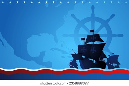 Columbus ship, La Santa Maria, Pinta and Nina sailing across the vast ocean on blue background. It symbolizes historical exploration and the spirit to discover new world svg
