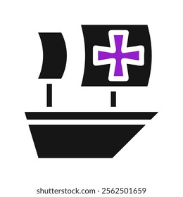 Columbus ship with purple cross. Concept of discovery, exploration, and history.