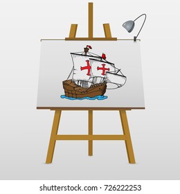 Columbus ship with red crosses on easel. Hand drawn vector stock illustration