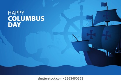 Columbus ship sailing across the vast ocean on blue background. It symbolizes historical exploration and the spirit to discover new world