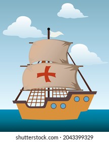columbus ship vector, sailing ship and ocean background image, suitable for commemorating colombus day