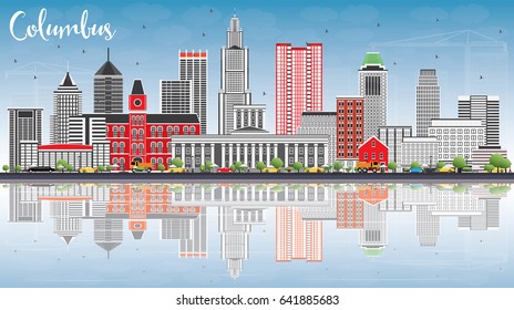 Columbus Skyline with Gray Buildings, Blue Sky and Reflections. Vector Illustration. Business Travel and Tourism Concept with Modern Architecture. Image for Presentation Banner Placard and Web Site.