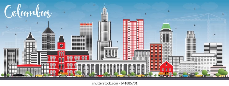 Columbus Skyline with Gray Buildings and Blue Sky. Vector Illustration. Business Travel and Tourism Concept with Modern Architecture. Image for Presentation Banner Placard and Web Site.