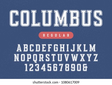 Columbus vector condensed retro sports typeface, uppercase letters and numbers, alphabet, font, typography. Global swatches.