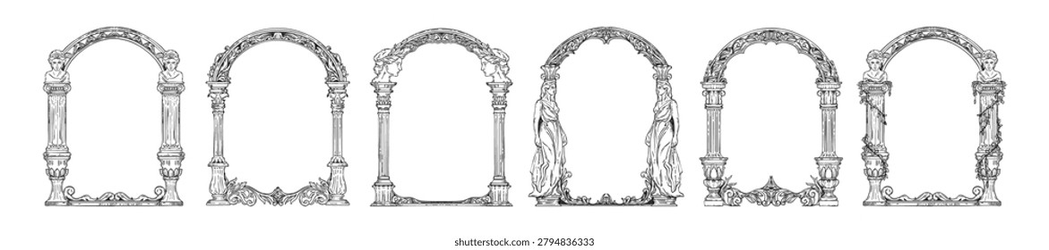 Column arch frame, vector hand drawn Greek pillar border decoration, antique luxury wedding design. Elegant Italian portal engraving illustration, renaissance palace sculpture art. Royal arch frame