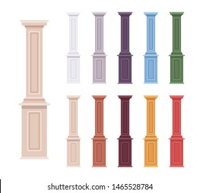 Column baluster decorative set. Porch, classical accent to home and garden decor, balcony european motif. Vector flat style cartoon illustration isolated on white background, different vivid colors