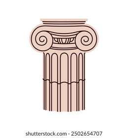 Column capital, antique Greek architecture. Classic Ionic order design, ancient Greece building element with ornate decor, Historic marbel pillar. Flat vector illustration isolated on white background