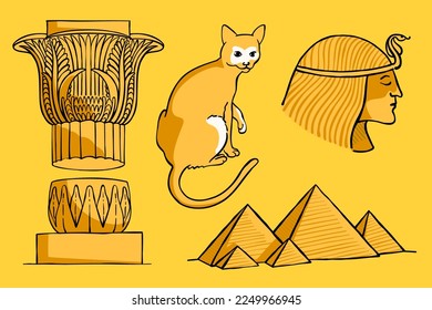 Column, cat, capital, lotus, Pharaoh, pyramids engraving style vector illustration. Ancient historical characters. Vintage hand drawn emblem. Perfect for African identity, travel agency ads.