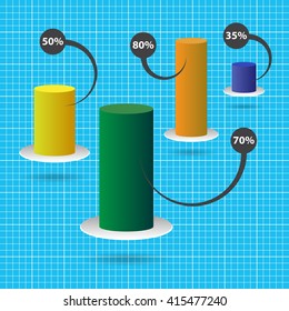 column chart with four color columns and text - blue graph paper background