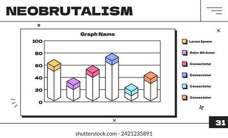 Column chart on paper sheet. Infographic data spreadsheet in neobrutalism style vector design. Business analytics visualization y2k trend. Vintage template of graphic information presentation