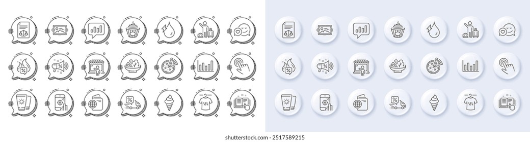 Gráfico de colunas, Salada e ícones de linha de oferta quente. Botões 3d de pino branco, ícones de bolhas de chat. Pacote de passaporte de viagem, Carrossel de imagem, Ícone de chat analítico. Cursor, Encontro, pictograma de documentos legais. Vetor